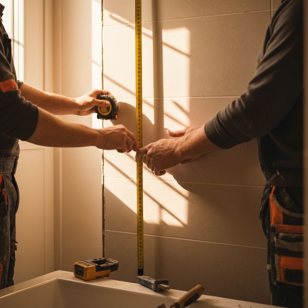 EZ Contracting team measuring during a bathroom renovation in Alexandria